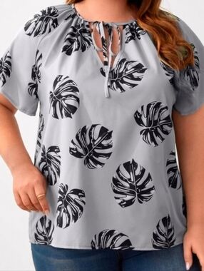 Shein Tropical Monstera Leaf Print Tue Neck Blouse